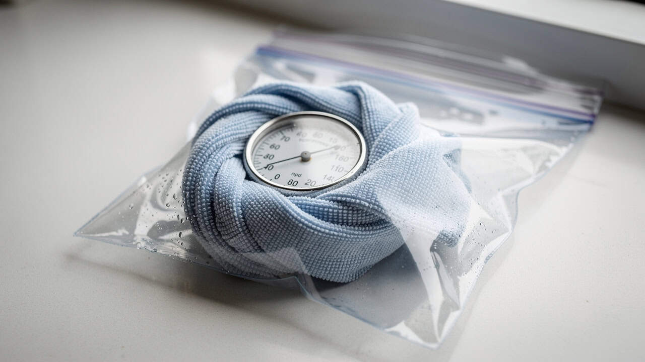 Hygrometer in feuchtem Tuch für schnelle Kalibrierung
