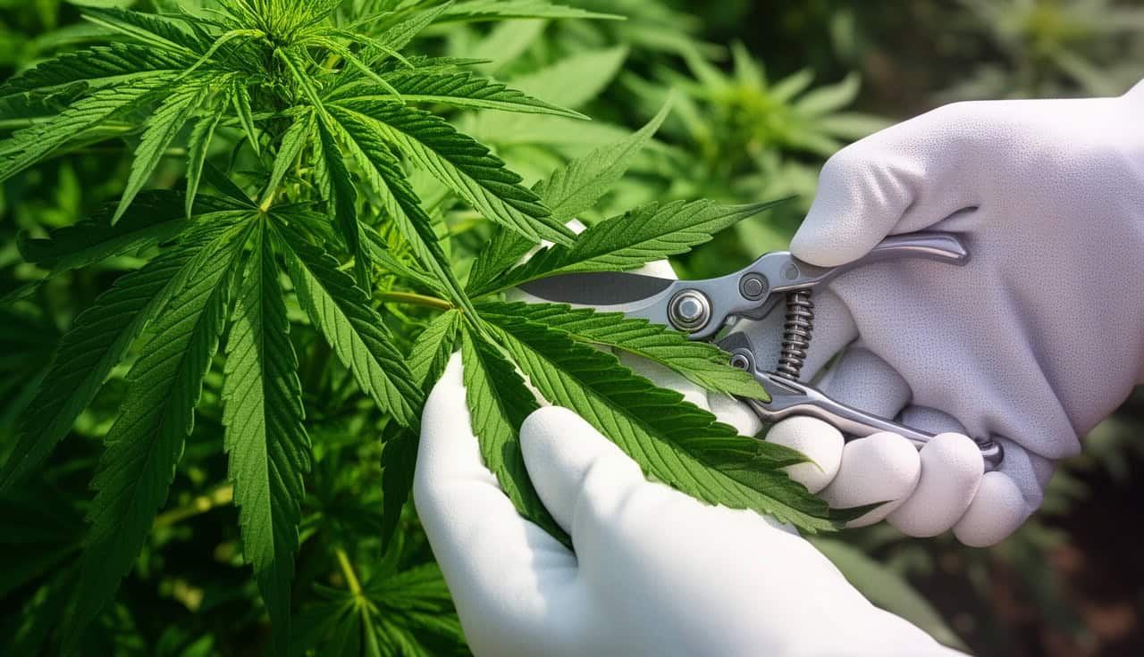 Gezielte Entlaubung verbessert Luftzirkulation zwischen den Cannabispflanzen